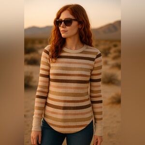 Aerie Striped Waffle Long Sleeve Top | Size XL | Neutral Cozy Ribbed Tee